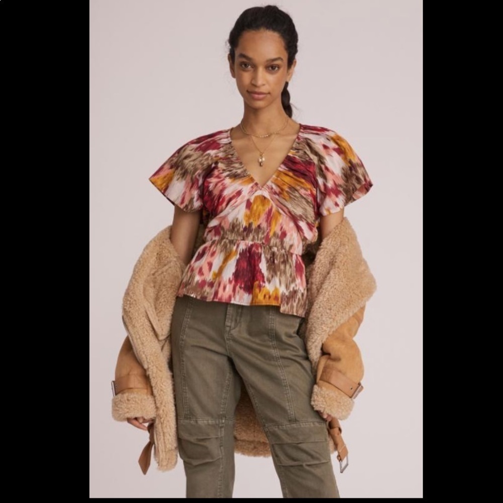 Anthropologie NWT Love The Label Painterly Open-Back Blouse Size M.